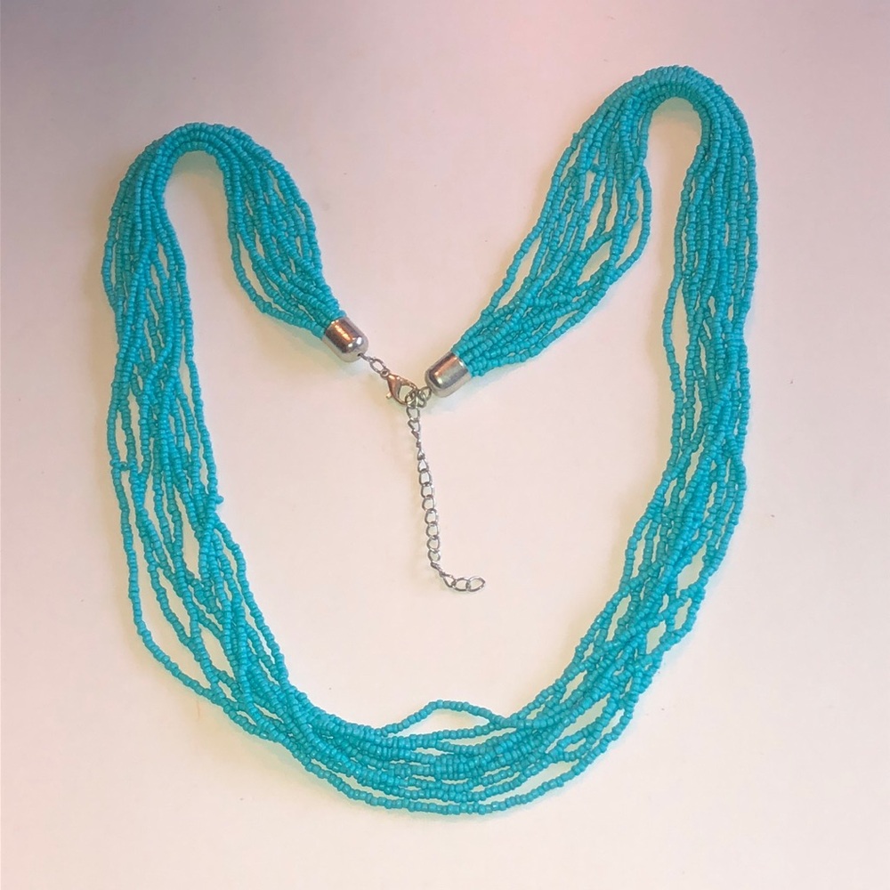 Turquoise Color Multi-Strand Seed Bead Necklace